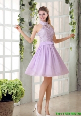 Top Seller High Neck Lilac A Line Lace Dama Dress Chiffon for 2015 Summer