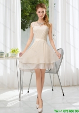 Elegant Bateau Belt Mini Length Dama Dress with Lace Up