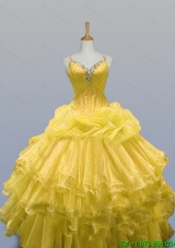 2015 Modest Straps Beaded Quinceanera Gowns with Ruffled Layers