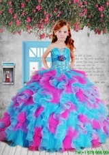 2016 Appliques Pink and Blue Litttle Girl Pageant Dress with Hand Made Flower and Ruffles
