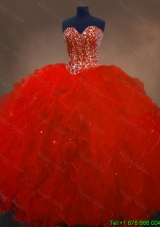 Pretty Red Sweetheart Quinceanera Gowns with Ruffles and Beading