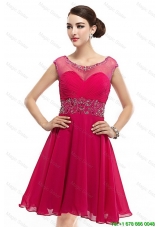 Beautiful Mini Length Scoop Hot Pink Prom Dresses with Cap Sleeves