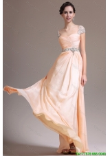 Suitable Empire Straps Beaded Prom Dresses with Cap Sleeves