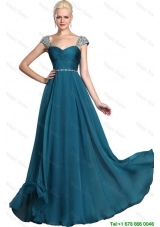 Gorgeous Beaded Teal Cap Sleeves Prom Dresses with Straps