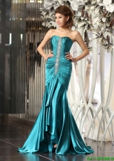 Luxurious Mermaid Brush Train Beaded Prom Dresses in Teal