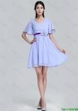 Popular V Neck Short Sleeves Short Prom Dresses with Hand Made Flowers