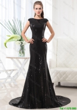 Beautiful Column Bateau Brush Train Sequins Prom Dresses in Black