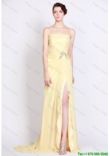 Beautiful Strapless Beaded and High Slit Prom Dresses in Yellow