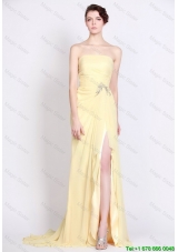 Beautiful Strapless Beaded and High Slit Prom Dresses in Yellow