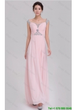 Elegant Empire Off The Shoulder Cap Sleeves Pink Prom Dresses with Beading