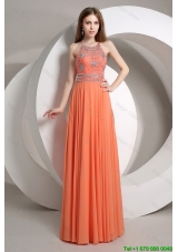 Elegant Beaded Empire Orange Prom Dresses with Halter Top