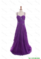 Clearence Appliques and Beading Eggplant Purple Prom Dresses with Sweep Train