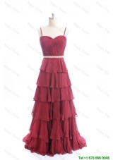 Clearence Brush Train Belt and Ruffled Layers Prom Dresses in Wine Red