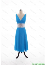 Clearence Empire V Neck Tea Length Prom Dresses with Belt