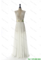 Clearence White Long Prom Dresses with Beading and Belt for 2016