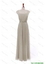 Designer Bateau Grey Long Prom Dresses with Beading and Sashes