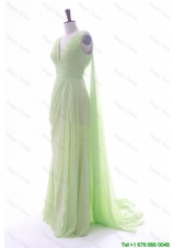 Designer Empire V Neck Ruching and Pleats Prom Dresses with Watteau Train