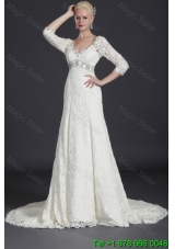 Beautiful Empire Lace White Long Wedding Dresses with Court Train for 2016