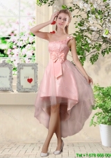 Romantic One Shoulder Laced and Bowknot Dama Dresses in Pink