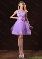 Discount V Neck Tulle Prom Dresses with Bowknot