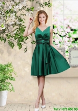 Junior V Neck Bowknot Hunter Green Prom Dresses with Knee Length