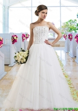 Elegant A Line Brush Train Wedding Dresses with Beading