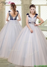 Pretty Champagne Straps Quinceanera Gowns with Belt and Appliques