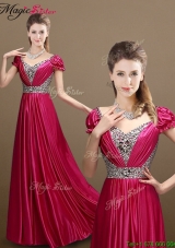 2016 Pretty Empire V Neck Beading Prom Dresses with Short Sleeves