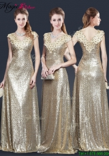 2016 Perfect V Neck Sequins Prom Dresses in Champagne