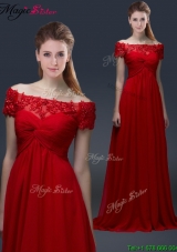 2016 Simple Off the Shoulder Short Sleeves Red Prom Dresses with Appliques