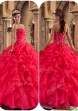 2016 Cheap Beading and Ruffles Quinceanera Dresses in Coral Red