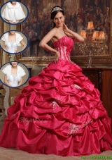 2016 Cheap Coral Red Strapless Quinceanera Gowns with Appliques