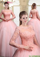 Pretty Bateau Long Sleeves Beading and Appliques Quinceanera Dresses