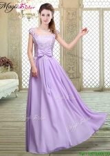 2016 Fashionable Square Cap Sleeves Lavender Prom Dresses with Belt