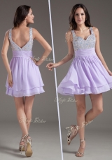 Simple Straps Mini Length Lavender Prom Dress with Beading