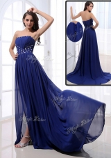 Elegant Brush Train Strapless Beading Best Selling Prom Gowns  in Royal Blue