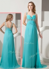Elegant Empire Straps Beading Turquoise Best Selling Prom Gowns with Brush Train