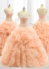 Cheap Straps Beading and Ruffles Custom Made Quinceanera Dresses in Peach