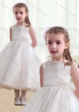 New Arrival  Bateau Appliques Flower Girl Dresses with Tea Length