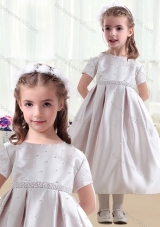 New Arrival Short Sleeves Satin Flower Girl Dresses with Beading