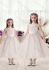 New Arrival Cap Sleeves Flower Girl Dresses with Appliques and Belt