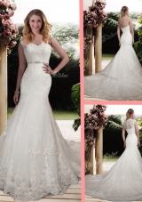 2016 Elegant Mermaid Scoop Wedding Dresses with Beading and Belt