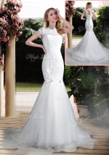 2016 Luxurious Mermaid High Neck Beading Wedding Dresses with Brush Train