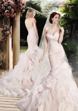 2016 Modest Mermaid Beading and Ruffles Wedding Dresses with Brush Train