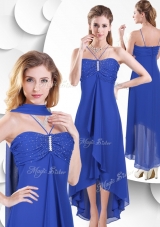 2016 Simple Spaghetti Straps High Low Blue Bridesmaid Dresses with Beading