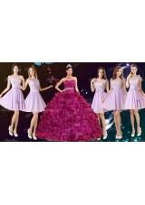 Gorgeous Ruffled and Beaded Fuchsia Quinceanera Dress and Laced Lavender Short Dama Dresses