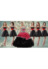 Pretty Zebra Ruffled Red and Black Quinceanera Dress and Beaded Short Dama