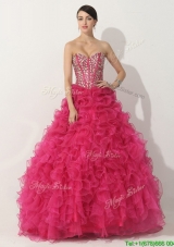 2016 Cheap Boning Hot Pink Quinceanera Gown with Beading and Ruffles