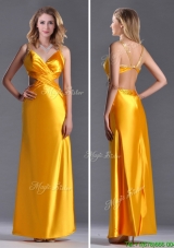 Luxurious Beaded Decorated Straps Criss Cross Prom Dress in Gold