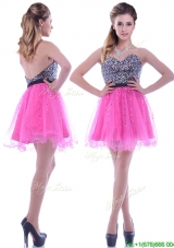 Modern Sequined Decorated Bodice Organza Hot Pink Prom Dress with Backless